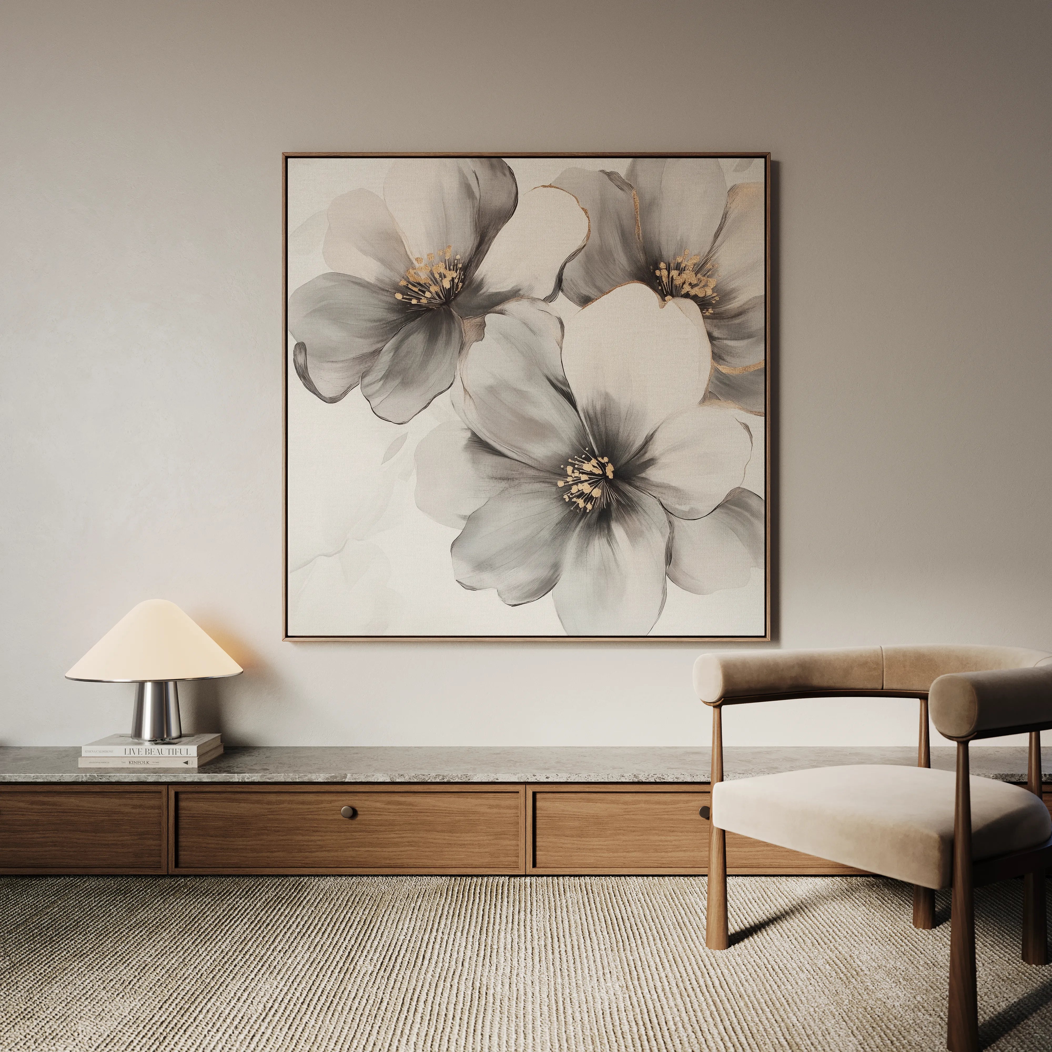 Floral 1302 Canvas Art 16" x 16" / 40 x 40 cm / Black